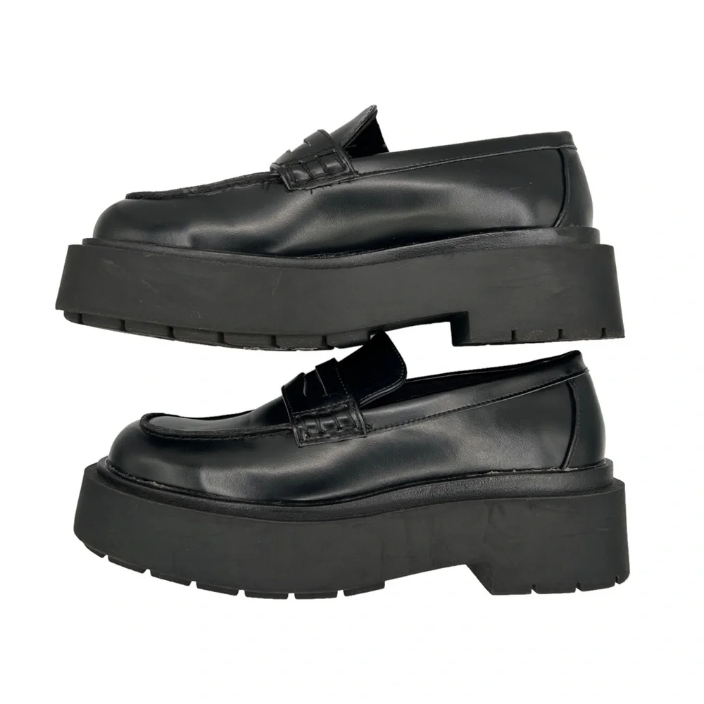 H&M Black Faux Leather Chunky Platform Preppy‎ Slip On Penny Loafers (6)